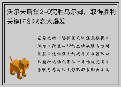 沃尔夫斯堡2-0完胜乌尔姆，取得胜利关键时刻状态大爆发